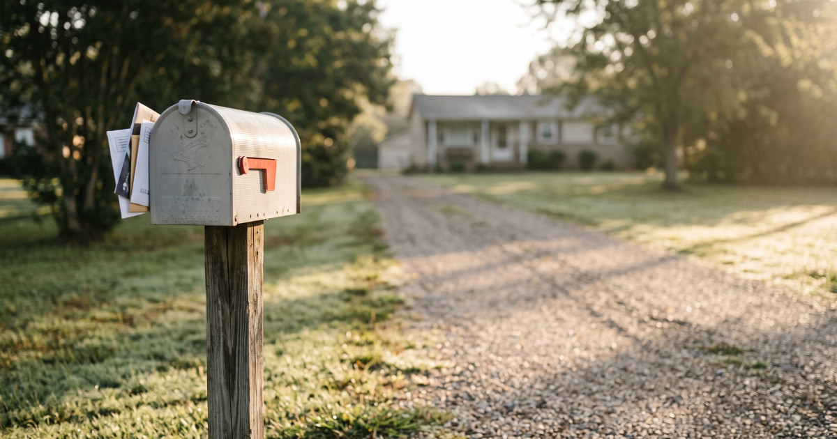 A mailbox with letters in it at the end of a gravel driveway in early morning light.