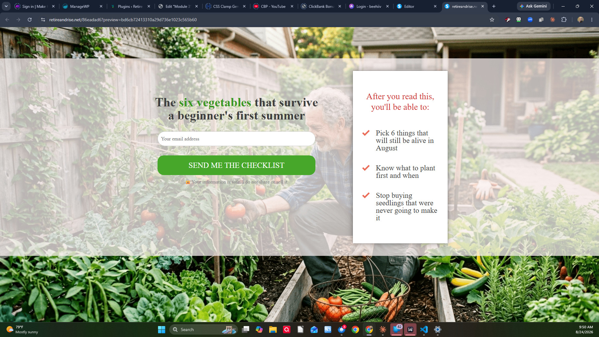 An opt-in page over a garden photo: the headline "The six vegetables that survive a beginners first summer", one email field, a green Send me the checklist button, and a panel listing three things the reader will be able to do.