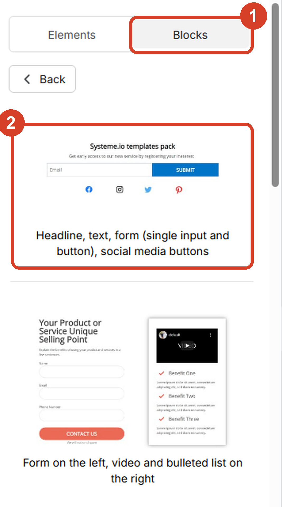Systeme.io's page editor side panel. 1: the Blocks tab. 2: a block with a headline, an email box and a Submit button.