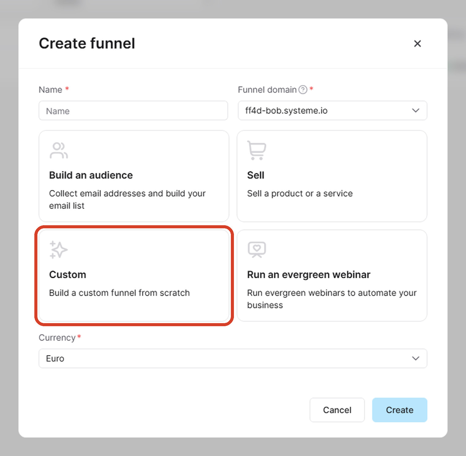 Systeme.io's Create funnel box with four choices. Custom, bottom left, is circled.