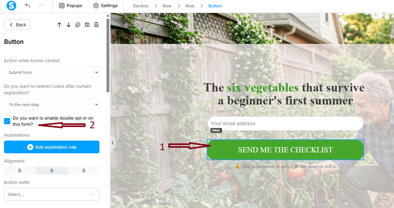 The Systeme.io button settings panel: arrow 1 points to the page's button, arrow 2 to the ticked double opt-in checkbox